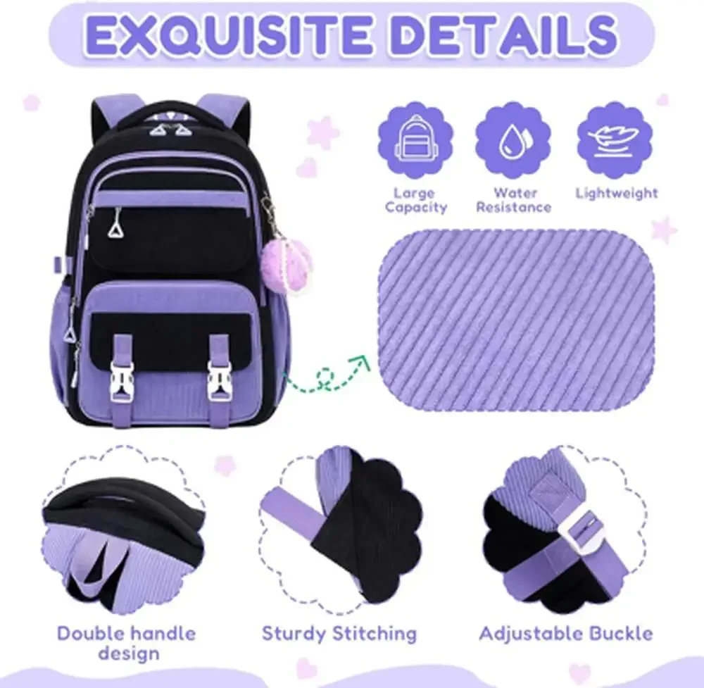 Kids Backpack Corduroy School Bag for Girls Bookbag Laptop Travel Daypack Purple